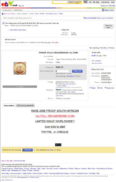 kh-88 eBay Listing Using our 1974 Non Proof Krugerrand Obverse photographs